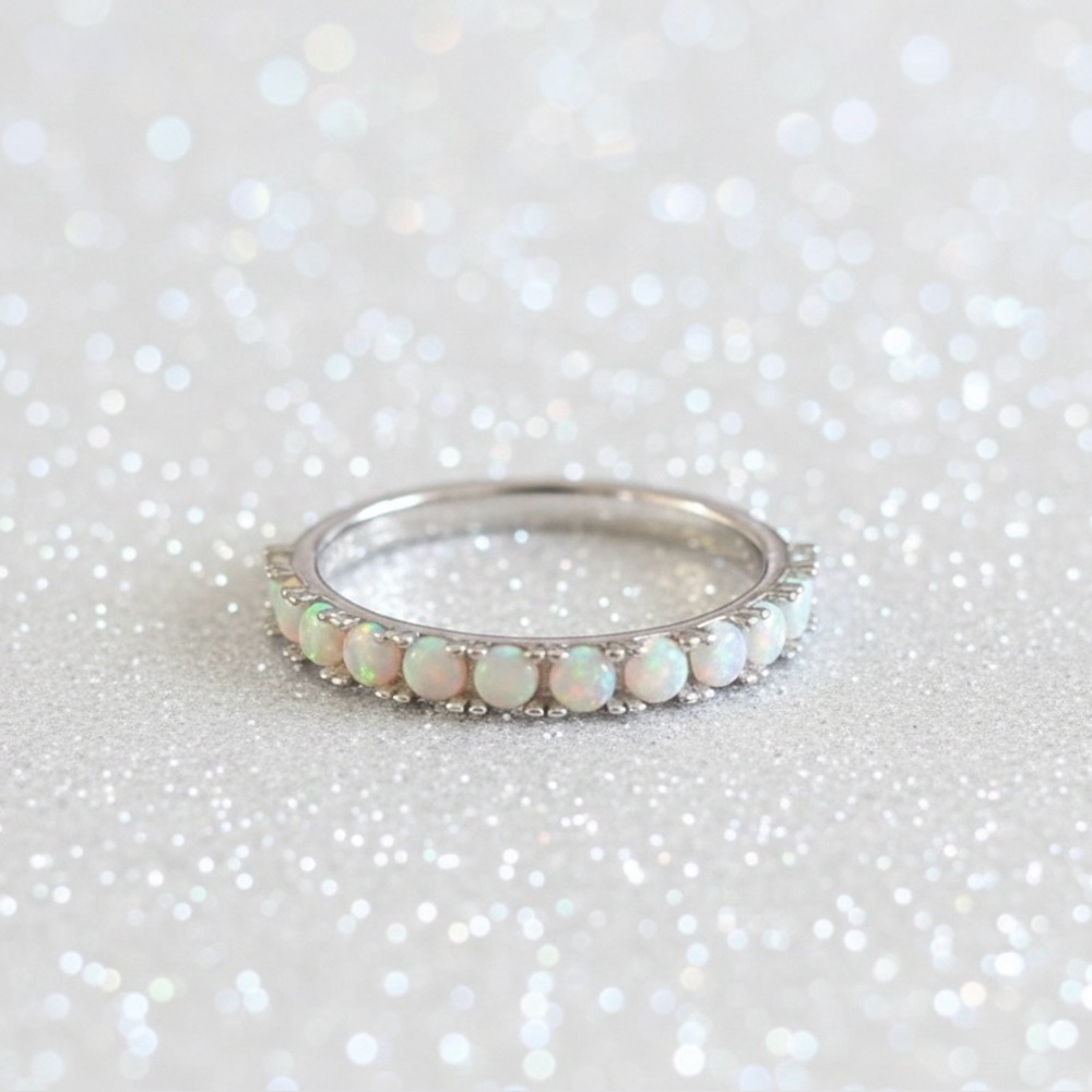 Sterling Silver Opal Half Eternity Band Ring Size 9.5 Rainbow Fire